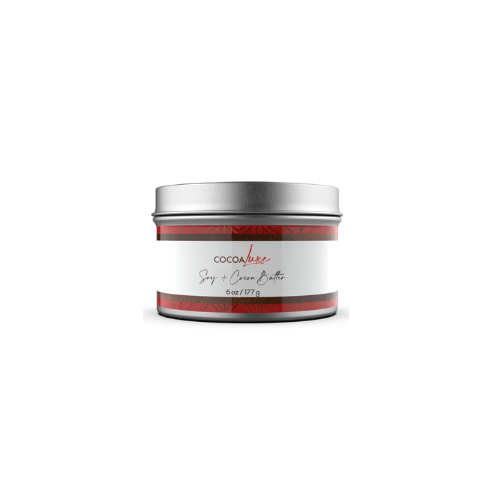 CocoaLuxe 6 oz soy and cocoa butter candle in silver tin with red and white label